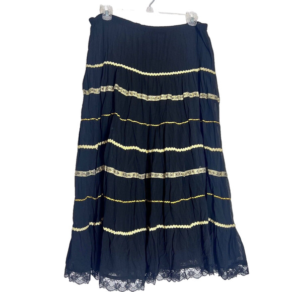 Vintage Black and Gold Maxi Skirt Womens Large Boho Gypsy Peasant Goth Cottage - Picture 1 of 6